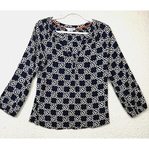 Boden Blouse Womens 2 Blue Geometric Print V Neck 3/4 Sleeve Pleated Lightweight